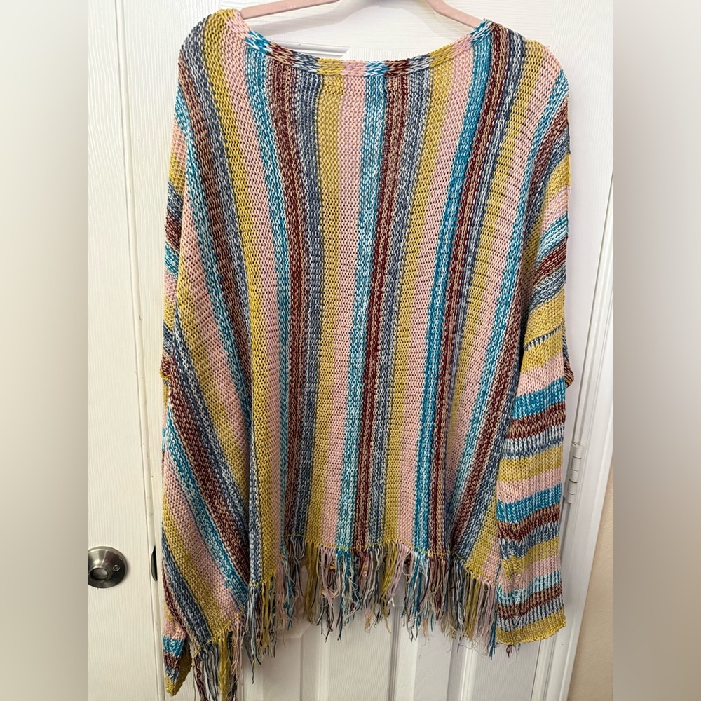 Natural Life Santa Fe Striped Knit Fringe Sweater Poncho Cape Sz L/XL Boho - Picture 4 of 4